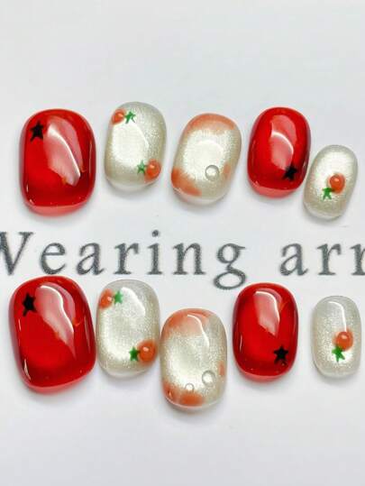 10 Stück handgemachte Glasperlen, Katzenauge, Tomaten-Mischung, süßes und einfaches Outfit für Silvester, Armor Press On Nägel Nagelzubehör Nägel