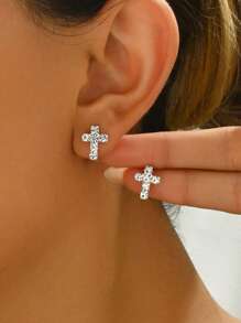 1 par de pendientes de mujer elegantes y simples con cristales en forma de cruz, joyería casual brillante para fiestas