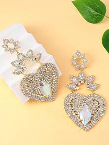 1 对金色超大 AB 水钻心形吊坠耳环，欧美设计，女士高端珠宝配饰 - 金色 - 查看 3