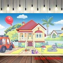 1 件卡通房屋摄影背景蓝天卡车户外背景宠物派对装饰完美生日派对拍照亭横幅背景工作室道具