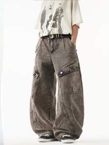 1 件街头正义风格工装牛仔裤，男士宽腿宽松休闲裤，带多个口袋 - 灰色 - 查看 8