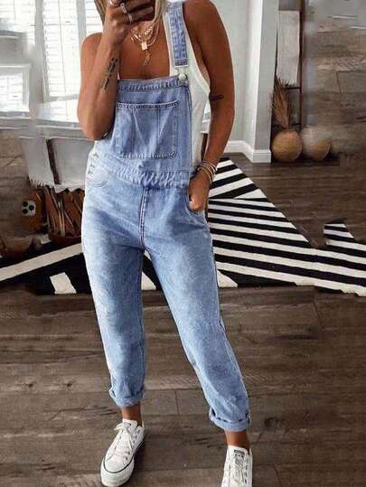 Y2K Washed Blue Denim Overalls, Loose Wide Leg Pants, Casual Slimming Straight Leg Pants, Jumpsuit