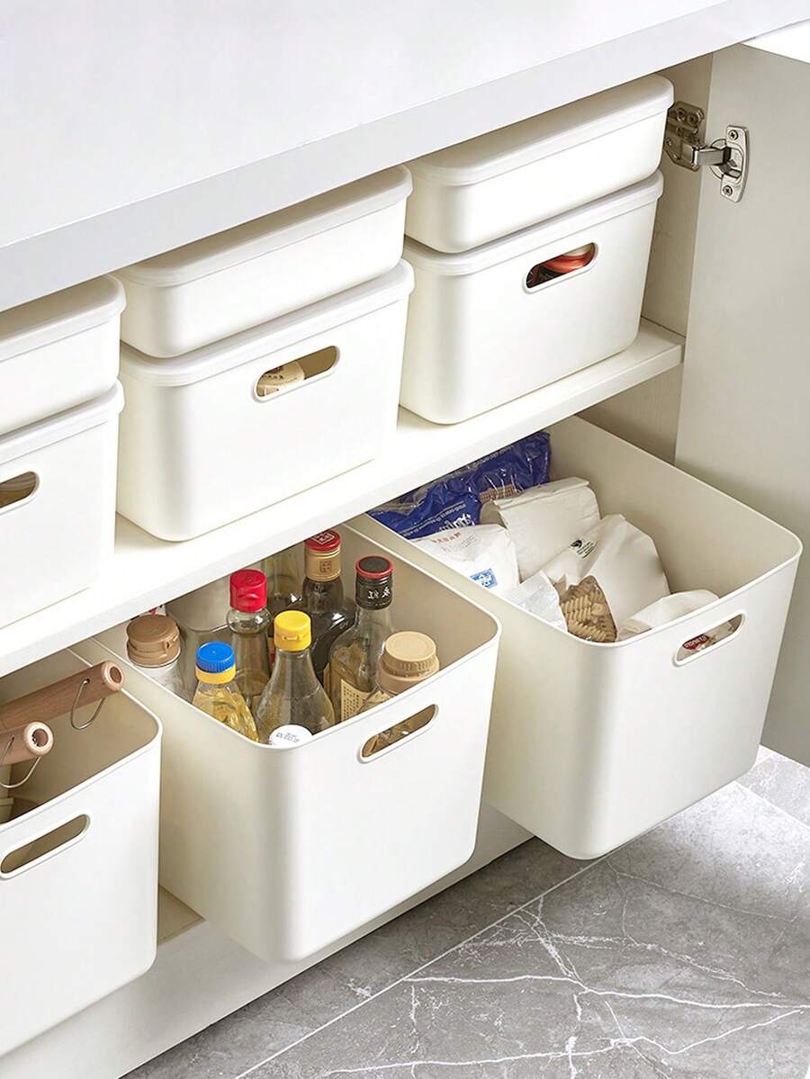 1pc White Plastic Storage Box For Bedroom, Living Room, Dorm, Wardrobe, Clothes, Toys, Snacks, Beverages, Dolls, Etc. Dust-Proof And Moisture-Proof (With Lid Included) - White - View 1