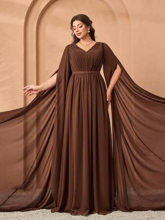 V-Neck Elegant Pleated Flare Sleeve Chiffon Dress, Green