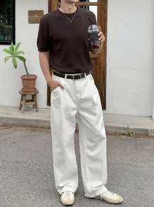 1pc Men's Stylish Justice Brother Washed Denim Wide Leg Casual Loose Fit Jeans