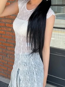ROSIE POPHUB Women Sleeveless Lace Sheer Cover‑Up Dress, Round Neck Fringe Slit Long Mesh Tunic Top, Y2K Summer Casual Streetwear - White - View 7