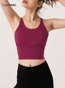 Catch Halo Criss Cross Back Workout Cropped Top For Women - Scoop Neck & Strappy Back Design Sport Cami Top | 4-Way Stretch Quick Dry Breathable Medium Support Workout Tank Top For Yoga, Pilate, Running, Cycling, Gym (Wine Red, S~XL)