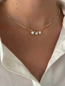 1pc Minimalist Round Zirconia Copper Necklace, Suitable For Women's Everyday Wear, Applicable For Banquet, Party, Ball Matching Daily Outfit Accessories, Jewelry Gift - 項鍊 - 查看 7