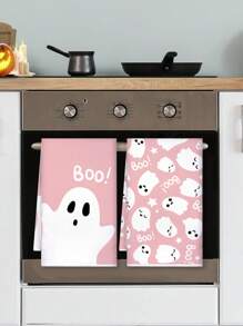 2 piezas Toallas de 15.7" X 23.6" con diseño de bloque de color y patrón de fantasma "BOO", toallas de cocina para festivales, toallas de mano para decoración del hogar, aptas para cocina, baño, limpieza de hornear, decoración de Halloween