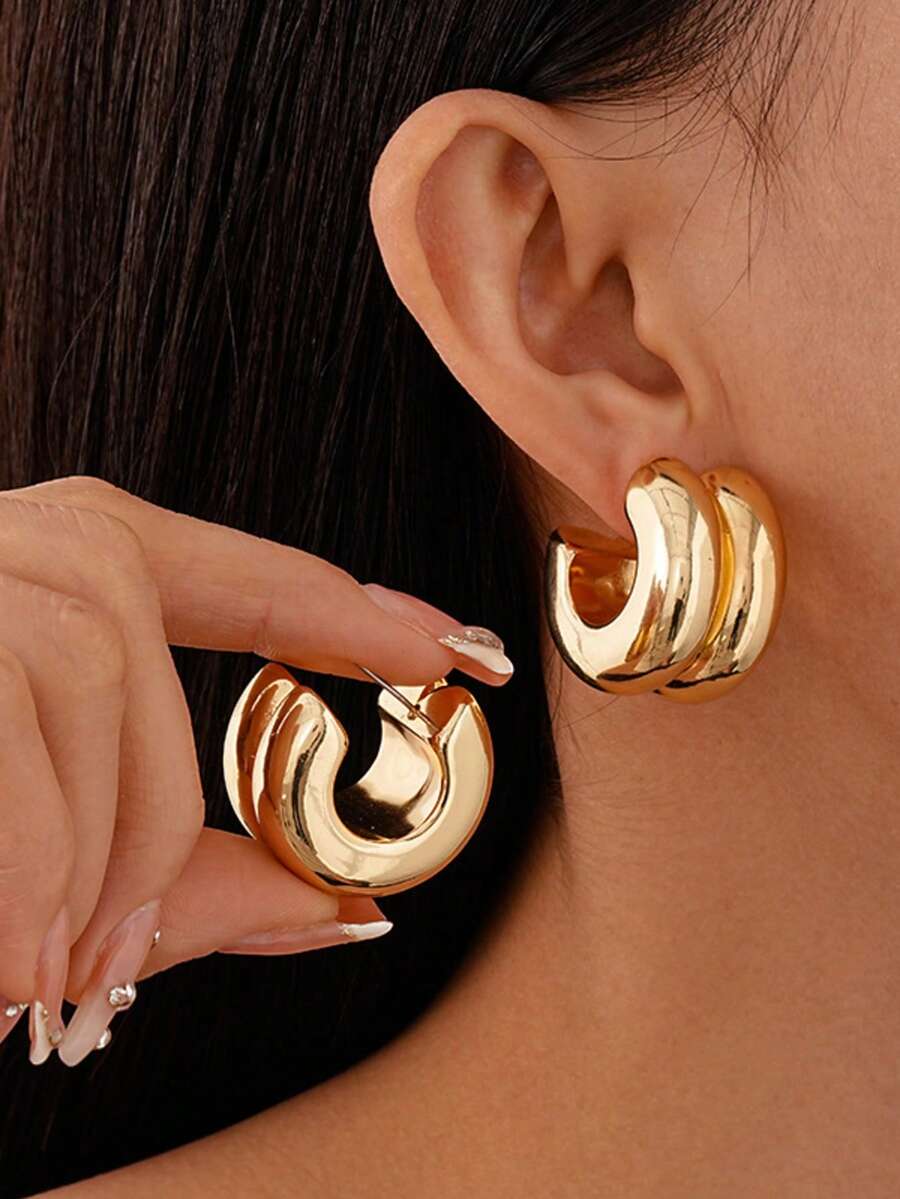 1 对简约优雅几何光滑双层 C 形耳钉，适合女性日常通勤奢华珠宝 - 彩色 - 查看 1