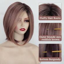 MSide Part Layered Bury Short Bob Wigs For White Women Ombre Bury Mix Blonde Bob Straight Hair Wig With Dark Roots Synthetic Natural Looking Daily Party Wig 12 Inch 6001 - Ombreburgundymixedblonde - Xem 3