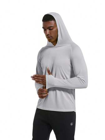 男士 UPF 50+ 防晒连帽长袖 T 恤，速干轻便户外徒步钓鱼健身跑步衬衫