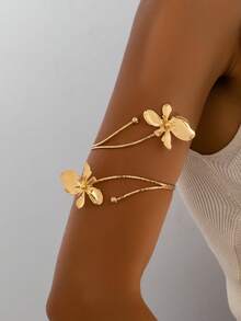 Floral Minimalist Armband, Adjustable Fashion Arm Cuff - Gold Flower Armlet - View 1