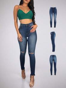 Pantalones Vaqueros Pitillo Mujer: Roturas de Moda, Cintura Alta, Ajuste Push - Up, Estilo Occidental - Azul lavado oscuro - Ver 5