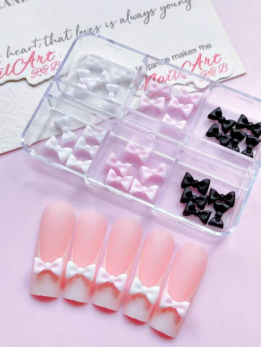 30/50pcs White & Pink Bow Nail Art Decorations, Cute Black Bow Korean Nail Accessories, Suitable For Women DIY Nail Salon Decor, Also Suitable For Little Girls Nail Art Creation, Minimalist Style, Cute Style, Y2K Style, DIY Decorative Accessories, Matte Finish, Glossy Nails, Long Nails, Short Nails, Almond Nails, Ballet Slipper Nails, French Pointed Nails, Toe Nails And Various Nail Art Supplies, Nail Jewelry, Nail Gems - Multicolor - View 1