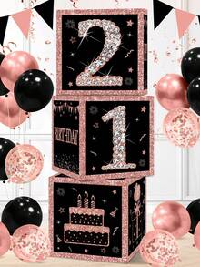 3Pcs Black Pink Birthday Paper Box,Happy 16th/21th/30th/40th/60th/50th Birthday Box,Glitter Elegant Square Paper Boxes,16th/21th/30th/40th/60th/50th Birthday Party Decor,16/21/30/40/60/50 Years Birthday Celebration Supplies - Pink Black - View 2