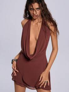 ROMWE Women's Solid Color Plunging Backless Tie Neck Mini Dress, Summer - Coffee - View 5
