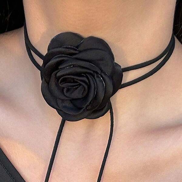 1pc Floral Neck Chain Rose Choker Necklace Rose Neck Strap Necklace Camellia Collar Necklace For Women