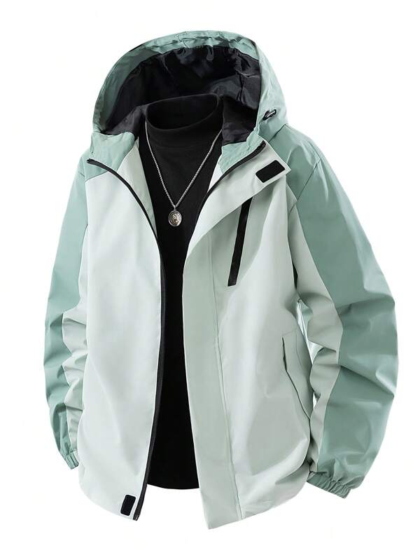 1pc Men's Zip-Up Hooded Patchwork Design Jacket With Pockets, Suitable For Casual Daily Wear