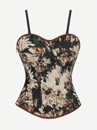 紧身胸衣上衣，可调节细肩带，女士紧身胸衣，经典菊花图案，侧拉链，万圣节服装胸衣，舞会