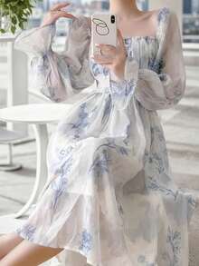 Stylish Floral Print Dress With A U-Shaped Collar And Flared Sleeves, Long Sleeves With A Cinched Waist For A Slimming And Elegant Mid Length Skirt, Gentle And Elegant Princess Dress For Spring And Autumn