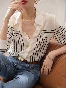 YUXIN Women's Spring/Autumn Geometric Striped Silk Blouse, Long Sleeve Fitted Collared, Breathable & Fashionable, Suitable For Office/Light Social Occasions - Multicolor - View 7