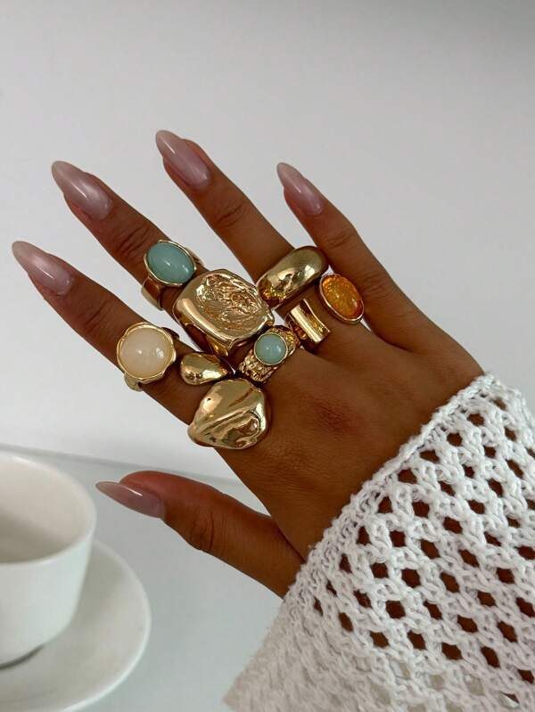 7pcs/Set Geometric Vintage Faux Gemstone Metal Asymmetrical Ring Set, Luxurious Everyday Casual Ladies & Couples Birthday Gift Jewelry Rings