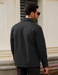 Men's Cotton Full Zip Up Work Jackets Turndown Collar Business Casual Windbreaker With 3 PocketsChristmas O5SK - 黑色 - 查看 8