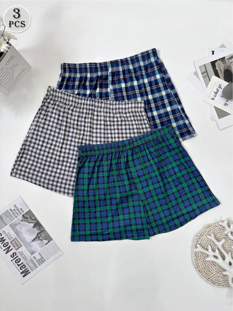 3 szt. Kraciaste, luźne, oddychające bokserki, elastyczny pas, wygodne, swobodne bokserki dla mężczyzn