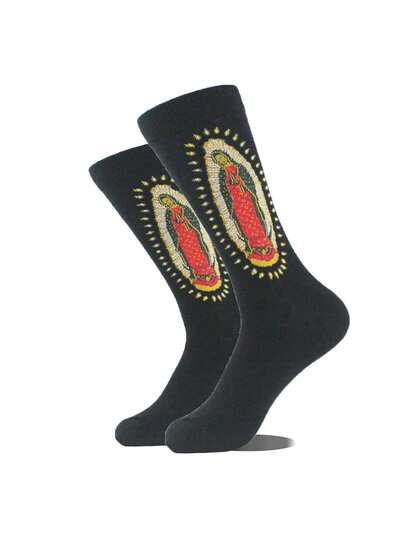 1双圣母玛利亚印花中筒袜，黑色。男女款同款。秋季袜子