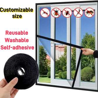 可拆卸防蚊网帘，黑色透气网纱，可重复使用纱窗，钩环防虫窗帘，多用途室内/室外纱窗，适合全年使用，易于清洁和装饰