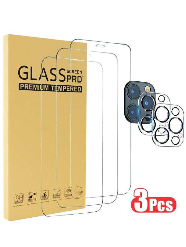 Lot de 3 protections d'écran pour iPhone 16e/12 Pro Max 6,7 pouces, avec 2 protections d'objectif en verre trempé, Ultra HD, dureté 9H, résistantes aux rayures, faciles à installer – Compatible avec les coques
