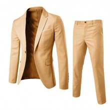 Men's Business Suit Set Professional Formal Wear Two-Piece Slim-Fit Suit Korean Style Best Man & Groom Wedding Attire - 卡其色 - 查看 1