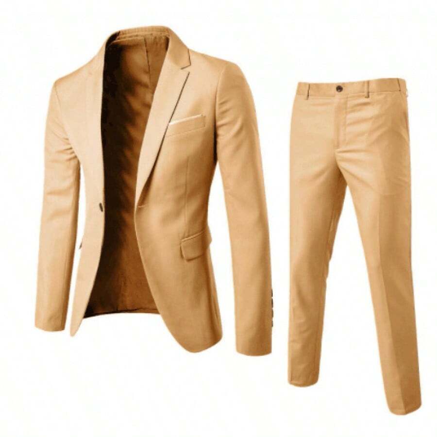 Men's Business Suit Set Professional Formal Wear Two-Piece Slim-Fit Suit Korean Style Best Man & Groom Wedding Attire - 卡其色 - 查看 1
