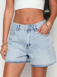 Casual Denim Shorts With Fringed Edges And Pockets, Zipper Closure For Spring/Summer
