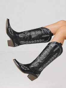 Women's Vintage Classic Western Knee High Cowboy Boots Fashion Embroider Block Chunky Heel Pull On Pointed Toe Retro Cowgirl Boots - 黑色 - 查看 3