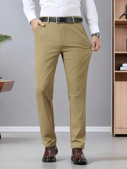 1 pieza Traje clásico de negocios para hombre, pantalones de traje unicolor elásticos, pantalón de vestido casual de pierna recta
