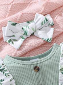 2 Stücke/Set Baby Mädchen Herbst/Winter grün Langarm Spitze Schleife Knopf Blatt Allover Muster Romper und Stirnband Set