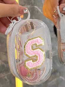 1PC Portable Mini Transparent Zipper Storage Bag, Embroidered Letters A-Z On Pink Towels, Compact Multifunctional Storage Device, Headphone And Charger Case With Keychain, Transparent Travel Accessories, Exquisite And Compact, Suitable For Storing Small Items, Data Cable Storage Bag, Bracelet Bag, Accessory Storage Bag, Very Suitable For Giving Gifts To Female Friendscable Organizer - Multicolor - View 3