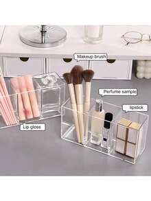 1pc Acrylic Smooth Three Compartment Brush Holder, Office Desktop Cosmetics Storage Box, Transparent Plastic Makeup Brush Holder, Toilet Vanity Storage Rack, Suitable For Brush, Eyebrow Pencil, Cosmetics Storage, Bathroom Storage, Perfume Stand ShelfBedroom Storage, Bedroom Decoration, Travel Essentials, Bathroom Accessories