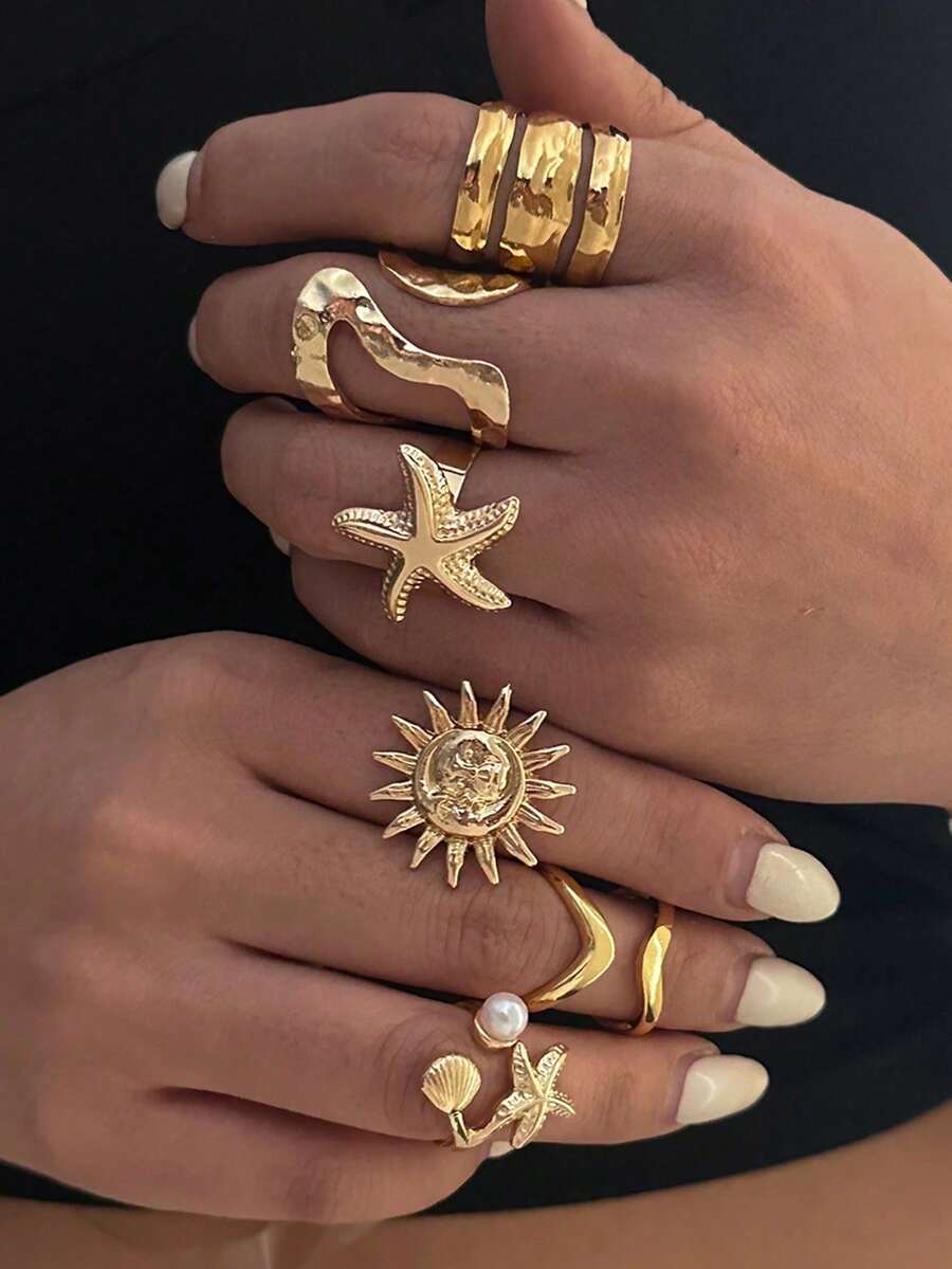 6 件套海洋主题时尚向日葵、海星、珍珠戒指套装 - 不对称指节戒指，轻盈奢华优雅，适合女士日常、派对、度假佩戴，是完美的礼物 - 金色 - 查看 1