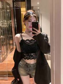 女式蕾丝吊带背心，带可拆卸垫，可爱性感纯色汗衫，适合返校季、冬季、圣诞节、春节 - 黑色 - 查看 5