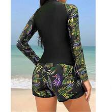 Women's Long Sleeve Surfing Set 2 Pieces Surf Suit Wetsuit Contrast Colors And Tropical Prints For Summer Beach Vacation - Purple - View 3