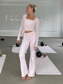 Women 2 Piece Outfits Casual Solid Color Tie Up Hem Wrap Long Sleeves Tops And Elastic Flare Pants Set Streetwear - 粉色 - 查看 4
