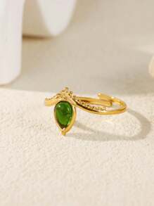 1 peça de anéis de zircônia verde com gota d'água para mulheres, cor dourada, aço inoxidável, geométrico, anel ajustável, joia estética para casamento, presente
