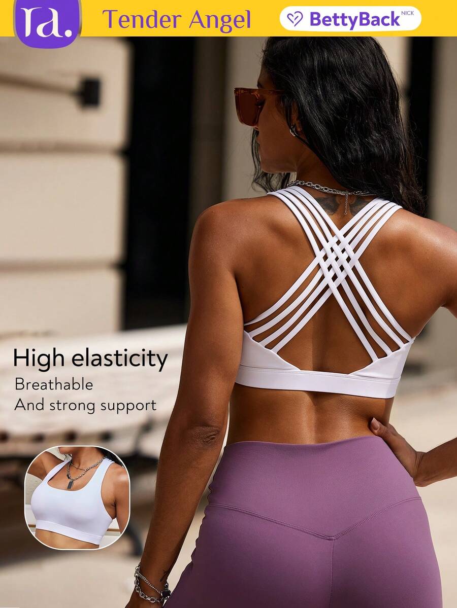 Tender Angel 女士瑜伽运动文胸，防晃动，交叉后背，时尚，跑步，瑜伽，健身，多巴胺健身文胸，露背白色 - 白色 - 查看 1