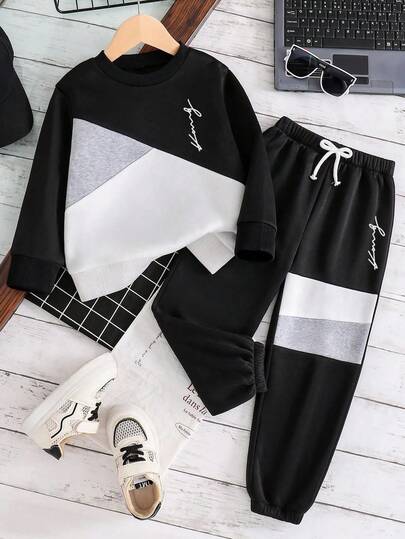 Tween Boys' Letter Graphic Colorblock Round Neck Sweatshirt And Sweatpants Casual Suit
