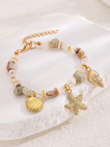 1 Peça Pulseira Feminina com Decoração de Conchas Marinhas, Estrelas-do-mar e Contas, em Estilo Praia de Verão, Elementos Oceânicos da Moda Adequados para Praia, Férias, Festa, Uso em Festivais de Música