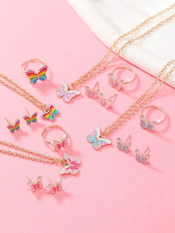 Conjunto de 4 peças de colar, anel e brincos de borboleta fofos, várias cores disponíveis, adequado para meninas usarem diariamente, festa, aniversário, feriado, presente para melhores amigas