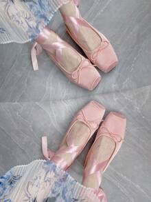 Zapatos de Ballet para mujer, zapatos planos con cordones de otoño, elegantes zapatos de mujer, zapatos de punta cuadrada, zapatos de dama de honor - Rosa BBA30 - Ver 13